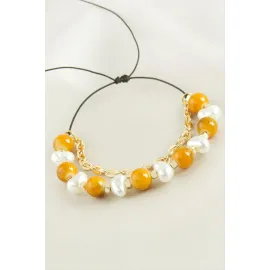 İnci Boncuk Zincirli Bileklik-Sarı