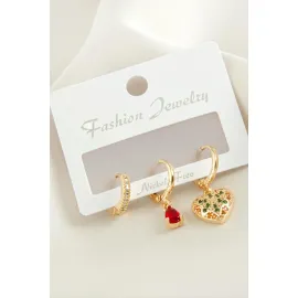 3 Adet Kalp Zirkon Taşlı Küpe-Gümüş Rengi