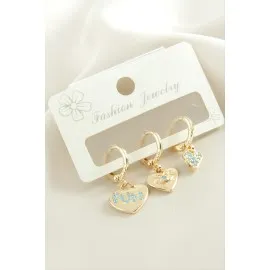 3 Adet Kalp Zirkon Taşlı Küpe-Sarı