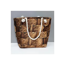 Ahşap Örme Desenli Plaj Çantası-Sarı