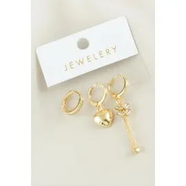 3 Adet Kalp Zirkon Taşlı Küpe-Sarı