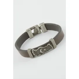 Ay Yıldız Suni Deri Bileklik-Kahverengi