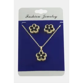 Çiçek Zirkon Taşlı Set Kolye-Siyah