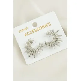 Güneş Trend Taşlı Metal Küpe-Gümüş Rengi