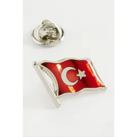 Türk Bayrağı Yaka Rozet-Gümüş Rengi