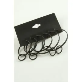 Noktalı İç İçe Metal Halka Küpe 6 Adet-Siyah