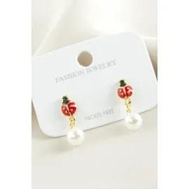 Uğur Böceği Mineli İnci Küpe-Sarı