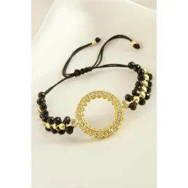 Çeyrek Altın Koyulabilir Kristal Taşlı Bileklik-Siyah
