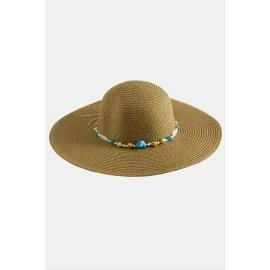 Boncuklu Hasır Şapka-Kahverengi