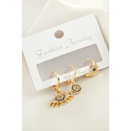 3 Adet Göz Nazar Zirkon Taşlı Küpe-Sarı