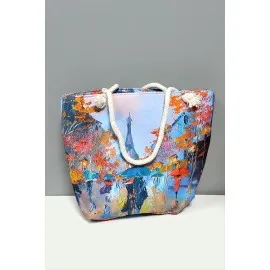 Desenli Plaj Çantası-Açık Mavi