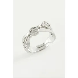 Çapraz Yuvarlak Zirkon Taşlı Yüzük-Gümüş Rengi