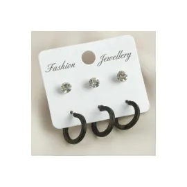 6 Adet Köşeli Taşlı Halka Küpe 1,5 cm-Siyah