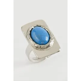 Dikdörtgen Turkuaz Taşlı Yüzük-Gümüş Rengi