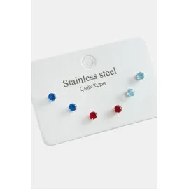 6 Adet Yuvarlak Zirkon Tek Taşlı Çelik Küpe-Gümüş Rengi