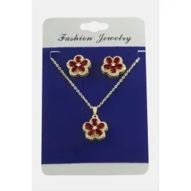 Çiçek Zirkon Taşlı Set Kolye-Kırmızı