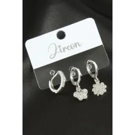 3 Adet Kelebek Yonca Zirkon Taşlı Küpe-Gümüş Rengi