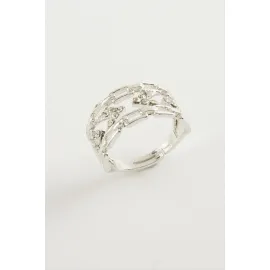 Zincir Şekilli Zirkon Taşlı Yüzük-Gümüş Rengi