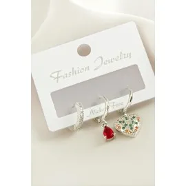 3 Adet Kalp Zirkon Taşlı Küpe-Gümüş Rengi