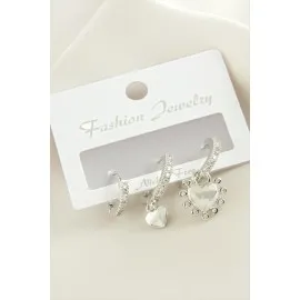 3 Adet Kalp Zirkon Taşlı Küpe-Gümüş Rengi