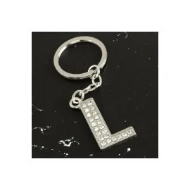 L Harfli Taşlı Anahtarlık-Gümüş Rengi