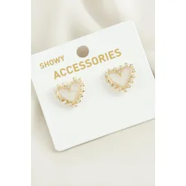 Kalp Sedef Taşlı Metal Küpe-Krem