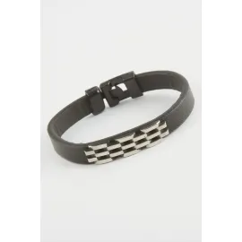 Zincir Desenli Kaliteli Suni Deri Bileklik-Siyah