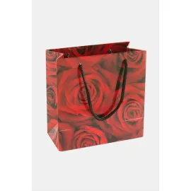 11X11 Gül Desenli İpli Karton Çanta 1 Adet-Kırmızı