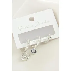 3 Adet Göz Zirkon Taşlı Küpe-Gümüş Rengi