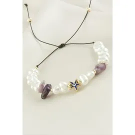 Deniz Yıldızı  Kırık Doğaltaşlı İnci Bileklik-Açık Pembe