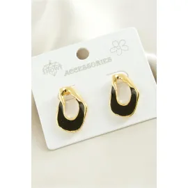 Oval Mineli Metal Küpe-Siyah