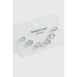 6 Adet Kare Zirkon Tek Taşlı Çelik Küpe  Küçük Kare -Gümüş Rengi