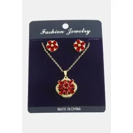 Çiçek Zirkon Taşlı Set Kolye-Kırmızı