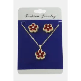 Çiçek Zirkon Taşlı Set Kolye-Kırmızı