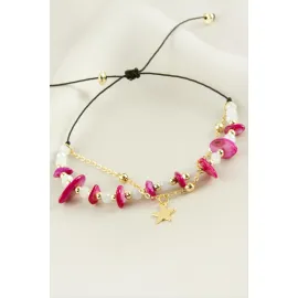 Yıldızı Kırık Doğaltaş Kristal Zincirli Bileklik-Pembe