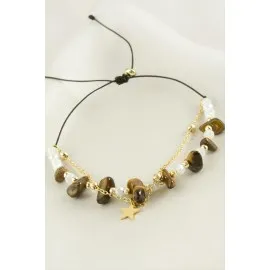 Yıldızı Kırık Doğaltaş Kristal Zincirli Bileklik-Kahverengi