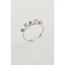 Oval Renkli Taşlı Yüzük-Gümüş Rengi