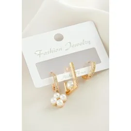 3 Adet Çiçek İnci Zirkon Taşlı Küpe-Sarı