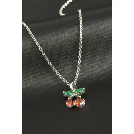 Kiraz Zirkon Taşlı Çelik Kolye-Gümüş Rengi