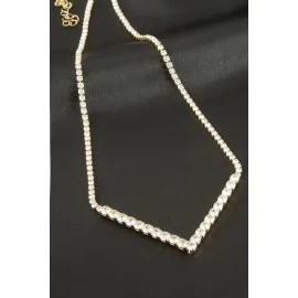 Üçgen Tamtur Zirkon Taşlı Lüks Kolye 4 Mm-Sarı