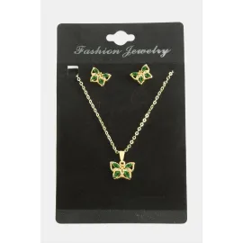 Kelebek Zirkon Taşlı Set Kolye-Yeşil