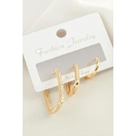 3 Adet Oval Zirkon Taşlı Küpe-Sarı