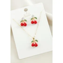 Kiraz Zirkon Taşlı Mineli Set Kolye-Kırmızı