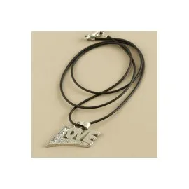 Love Yazılı Metal Vinlex Deri Kolye-Gümüş Rengi