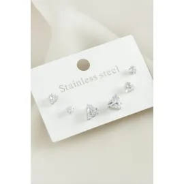 6 Adet Üçgen Zirkon Taşlı Çelik Küpe-Gümüş Rengi