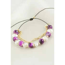 İnci Boncuk Zincirli Bileklik-Pembe