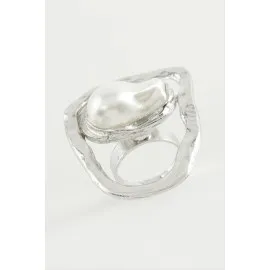 Oval İnci Metal Yüzük-Gümüş Rengi