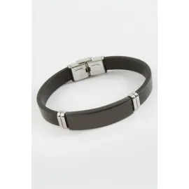 İsim Yazılabilir Deri Çelik Bileklik-Siyah