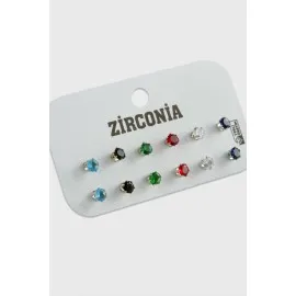 12 Adet Renkli Zirkon Tek Taşlı Küpe-Renkli