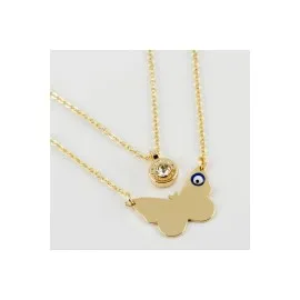 Kelebek Figürlü İsim Yazılabilir Boş Plaka İkili Kolye-Sarı